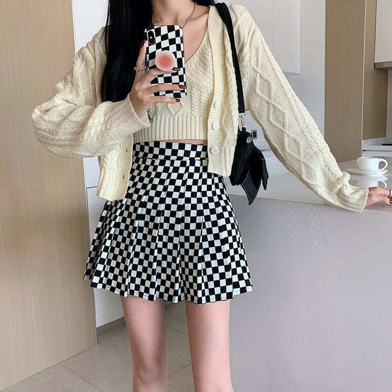 Trendy Y2K Checkered Print Pleated Skirt with Drawstring Detail for Stylish Outfits