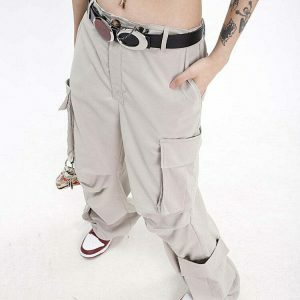 Trendy Y2K Chemistry Aesthetic Cargo Pants in Orange with Rivet Details and Star Print