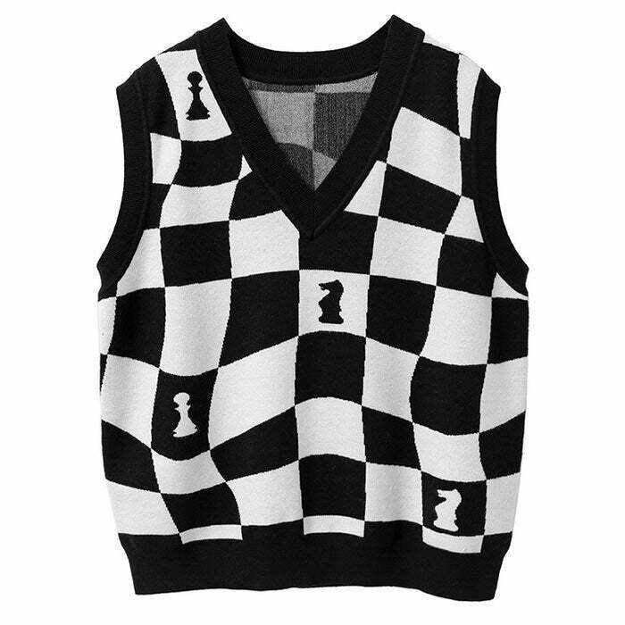 Trendy Y2K Chess Board Vest in Brown - Stylish Casual Outfit for Skateboard Enthusiasts