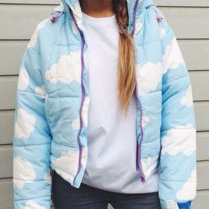 Trendy Y2K Cloud Padded Jacket - Stylish White Varsity Design with Cozy Comfort