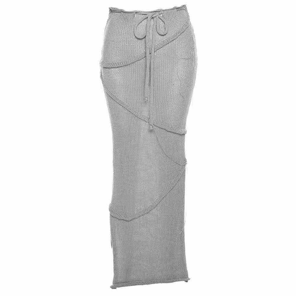 Trendy Y2K Coastal Knit Crochet Maxi Skirt with Drawstring - Stylish Grey Cargo Design