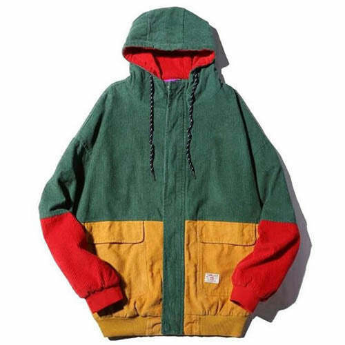 Trendy Y2K Color Block Corduroy Hooded Jacket - Retro 90s Style for Fashion Lovers