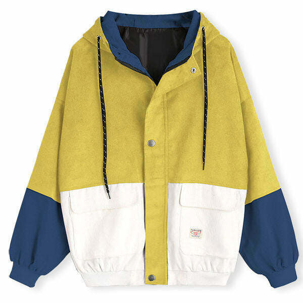 Trendy Y2K Color Block Corduroy Hooded Jacket - Retro 90s Style for Fashion Lovers