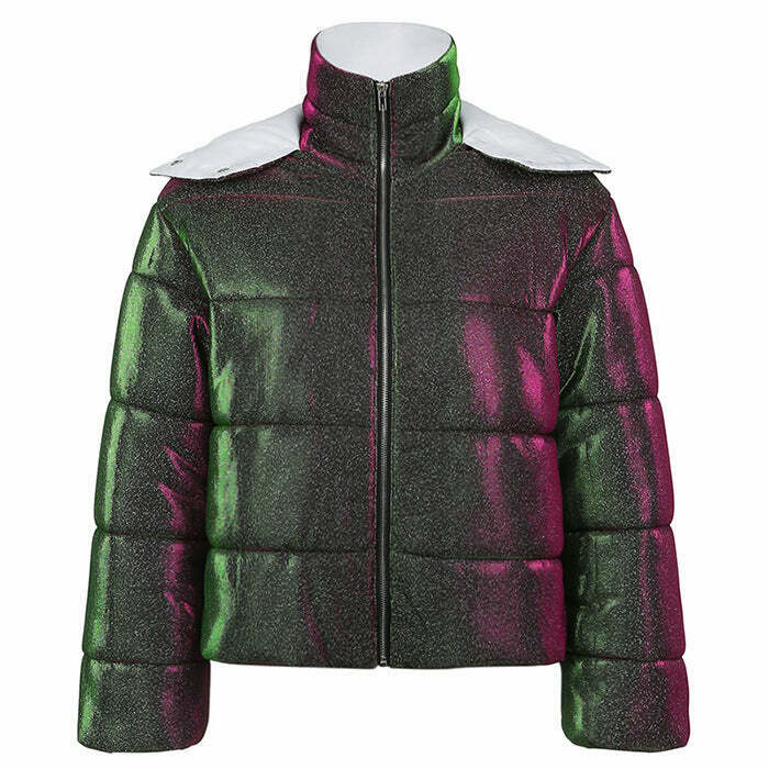 Trendy Y2K Color Block Puffer Jacket - Stylish White Varsity & Baggy Design for Fashion Lovers