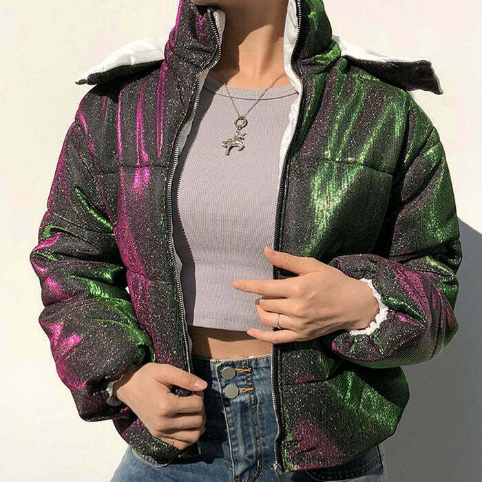 Trendy Y2K Color Block Puffer Jacket - Stylish White Varsity & Baggy Design for Fashion Lovers