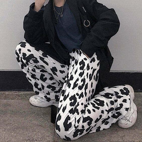 Trendy Y2K Cow Print Cargo Pants with Rivets - Stylish Disco Cowgirl Vibe