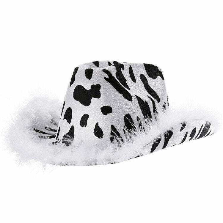 Trendy Y2K Cow Print Hat - Stylish Disco Cowgirl Accessory for Bold Fashion Statements