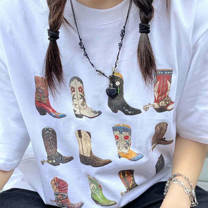 Trendy Y2K Cowboy Boots Graphic Tee with Split Toe Design - Stylish Bow Tee for Fashion Lovers