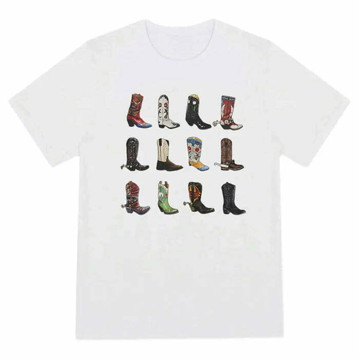 Trendy Y2K Cowboy Boots Graphic Tee with Split Toe Design - Stylish Bow Tee for Fashion Lovers