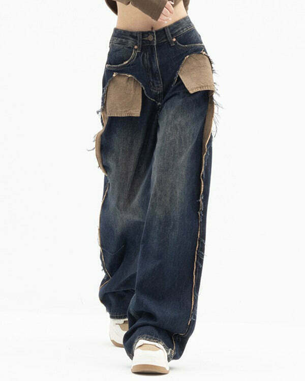 Trendy Y2K Cowboy Jeans with Star Patch and Ripped Details - Stylish Brown Washed Design