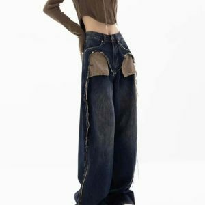 Trendy Y2K Cowboy Jeans with Star Patch and Ripped Details - Stylish Brown Washed Design