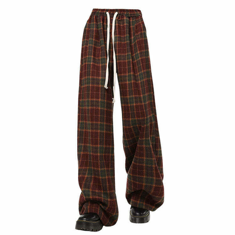 Trendy Y2K Cozy Up Plaid Pants in Orange with Rivet Details for a Stylish Look