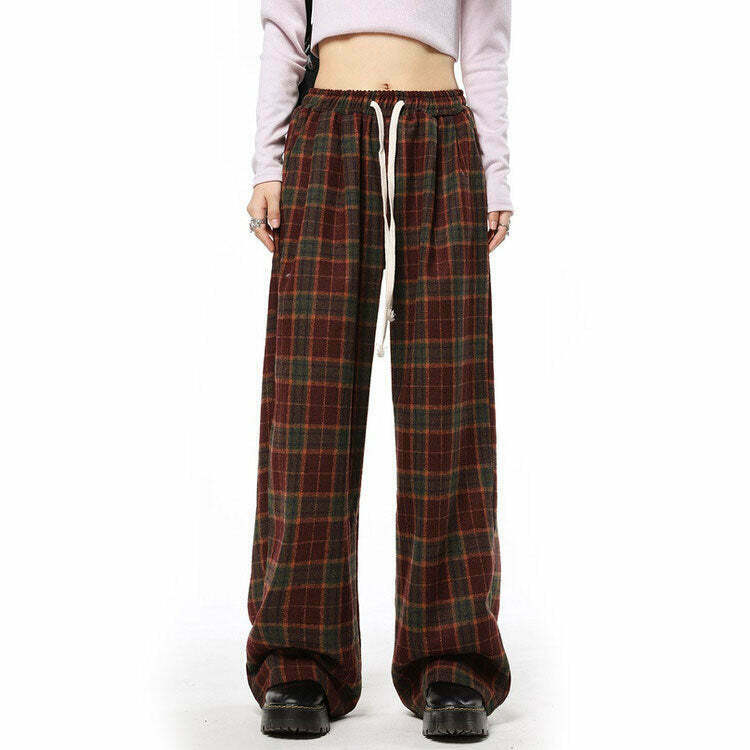 Trendy Y2K Cozy Up Plaid Pants in Orange with Rivet Details for a Stylish Look