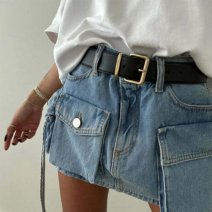 Trendy Y2K Denim Cargo Mini Skirt with Drawstring Detail - Stylish Grey Emo Skirt