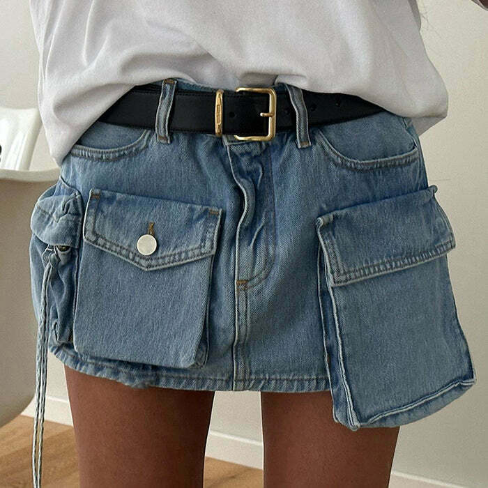 Trendy Y2K Denim Cargo Mini Skirt with Drawstring Detail - Stylish Grey Emo Skirt