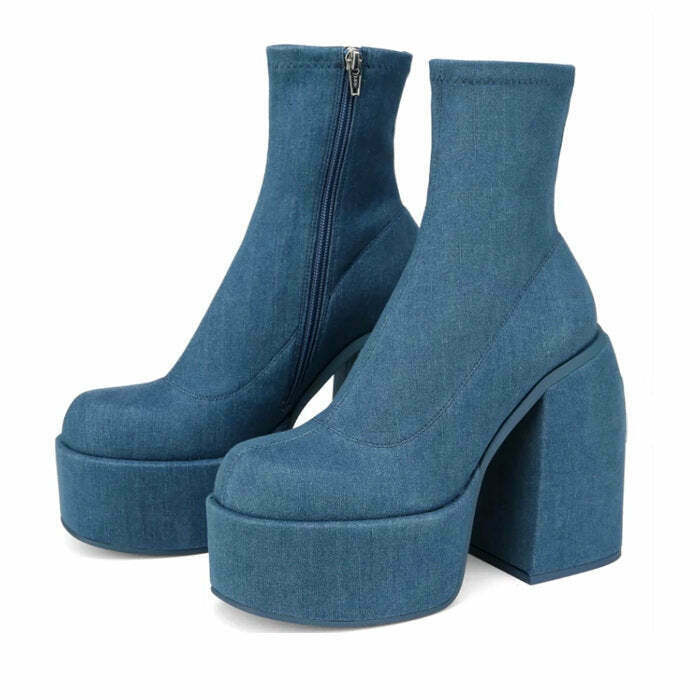 Trendy Y2K Denim Chunky Boots with Split Toe Design for a Stylish Vintage Look