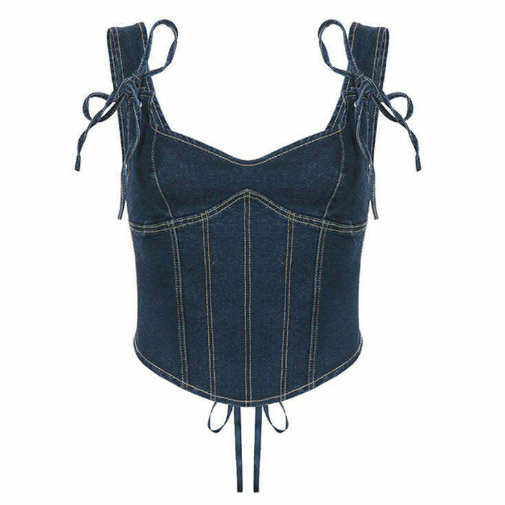 Trendy Y2K Denim Corset Top with Stylish Cross Design for a Retro Fashion Statement