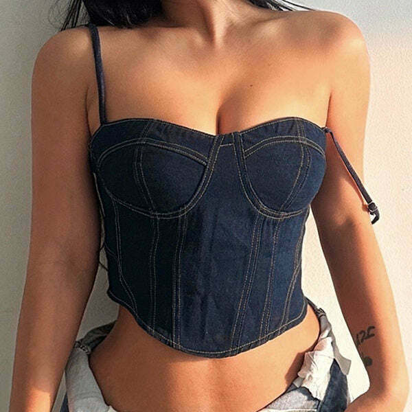 Trendy Y2K Denim Corset Top with Stylish Lace-Up Detail for a Chic Retro Look