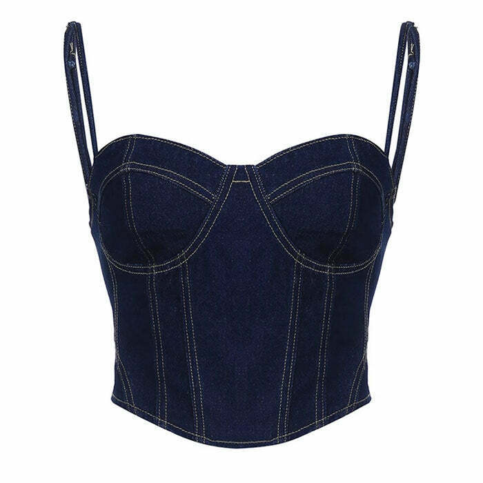 Trendy Y2K Denim Corset Top with Stylish Lace-Up Detail for a Chic Retro Look