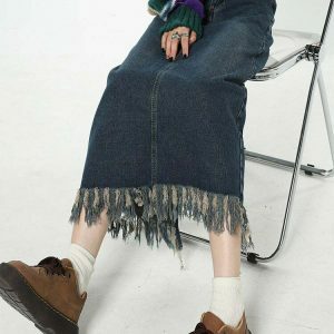 Trendy Y2K Denim Fringe Skirt with Drawstring Detail - Stylish Grey Cargo & Emo Vibes