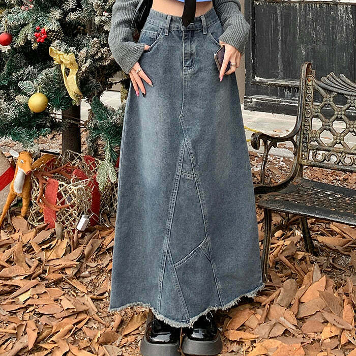 Trendy Y2K Denim Long Skirt with Drawstring - Stylish Grey Cargo & Bubble Skirt Options