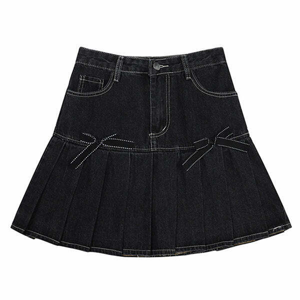 Trendy Y2K Denim Pleated Skirt with Drawstring Detail - Stylish Grey Cargo Skirt