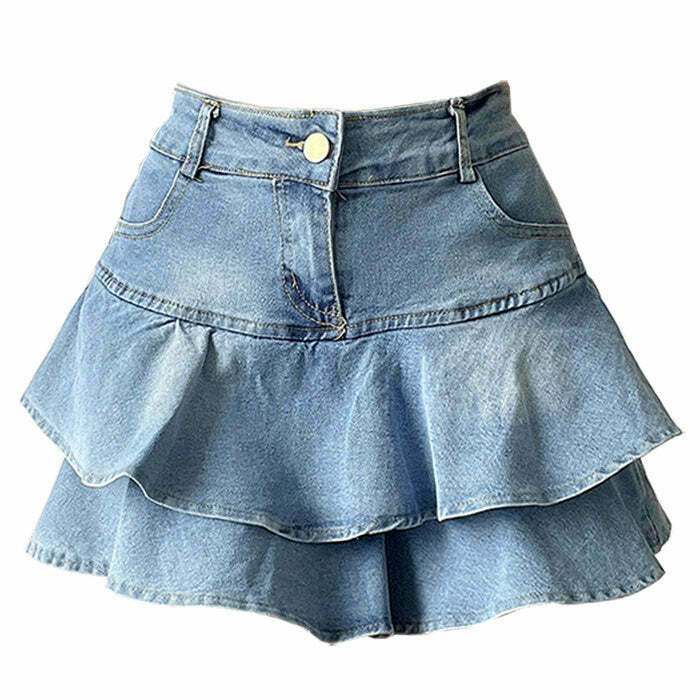 Trendy Y2K Denim Ruffled Skirt with Flirty Frills for a Chic Retro Look