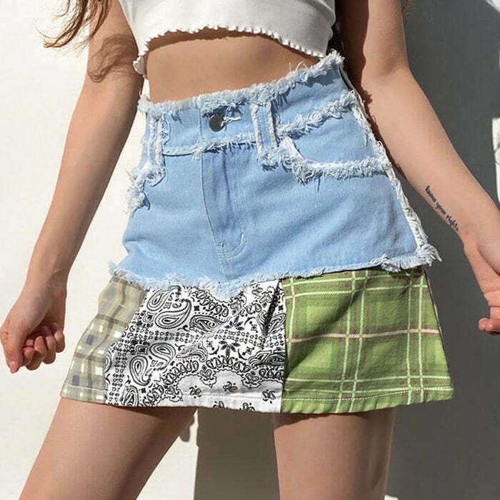 Trendy Y2K Denim Skirt with Distressed Details for a Retro Fashion Statement