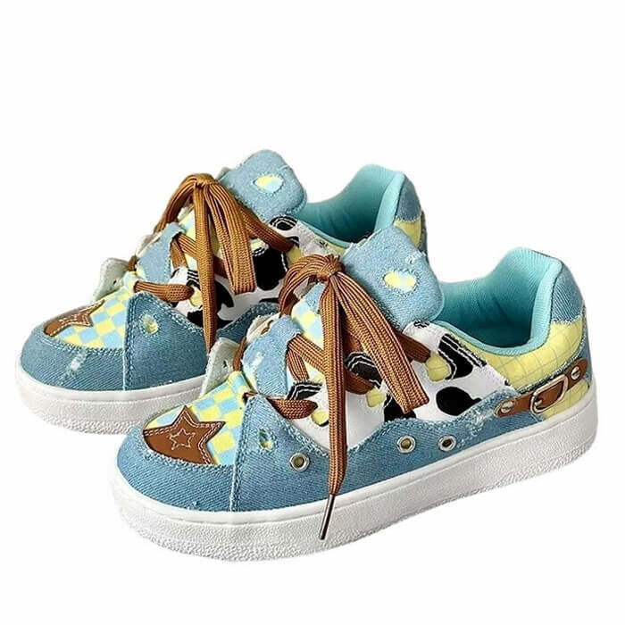 Trendy Y2K Denim Star Sneakers with Heart Accents - Stylish Star Aesthetic Footwear