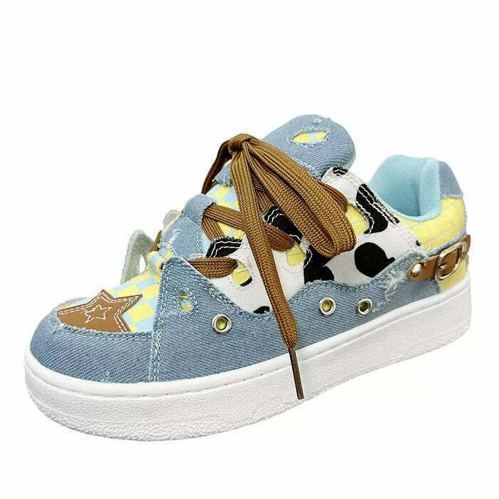 Trendy Y2K Denim Star Sneakers with Heart Accents - Stylish Star Aesthetic Footwear