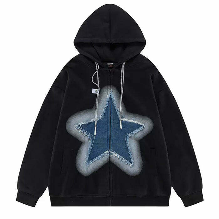 Trendy Y2K Denim Star Zip Up Hoodie with Stylish Cropped Design and Unique Embroidery