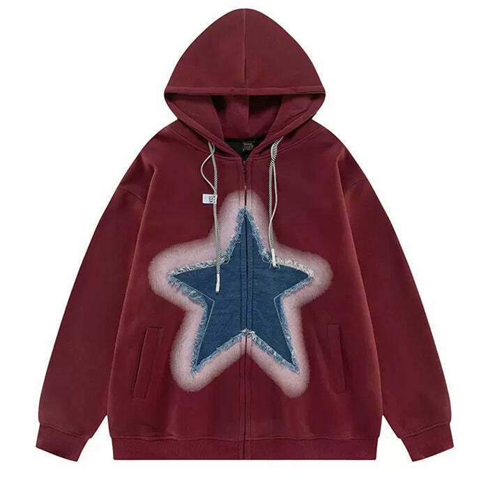 Trendy Y2K Denim Star Zip Up Hoodie with Stylish Cropped Design and Unique Embroidery