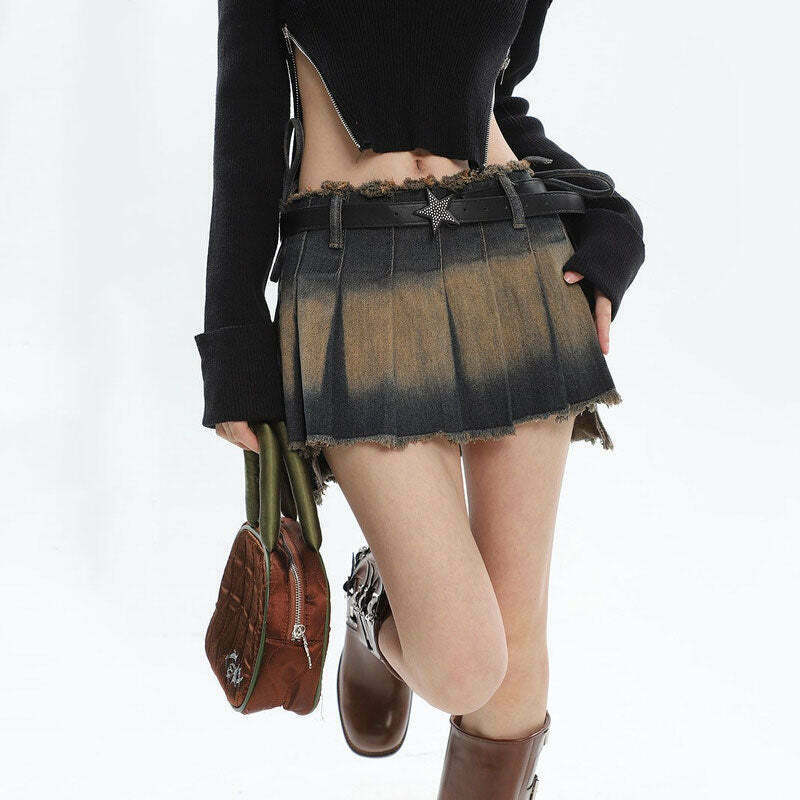 Trendy Y2K Distressed Denim Pleated Mini Skirt - Stylish Grey Cargo & Emo Bubble Skirt