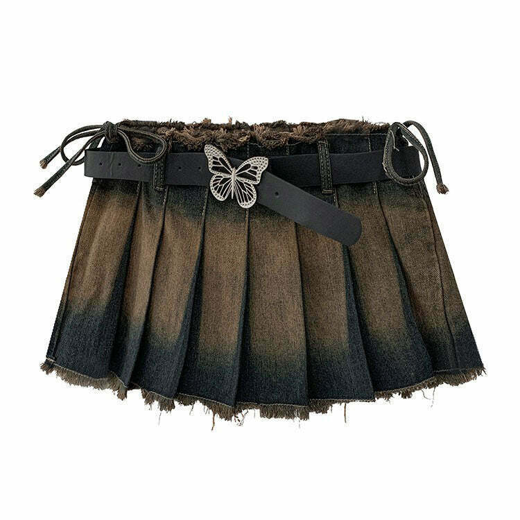 Trendy Y2K Distressed Denim Pleated Mini Skirt - Stylish Grey Cargo & Emo Bubble Skirt