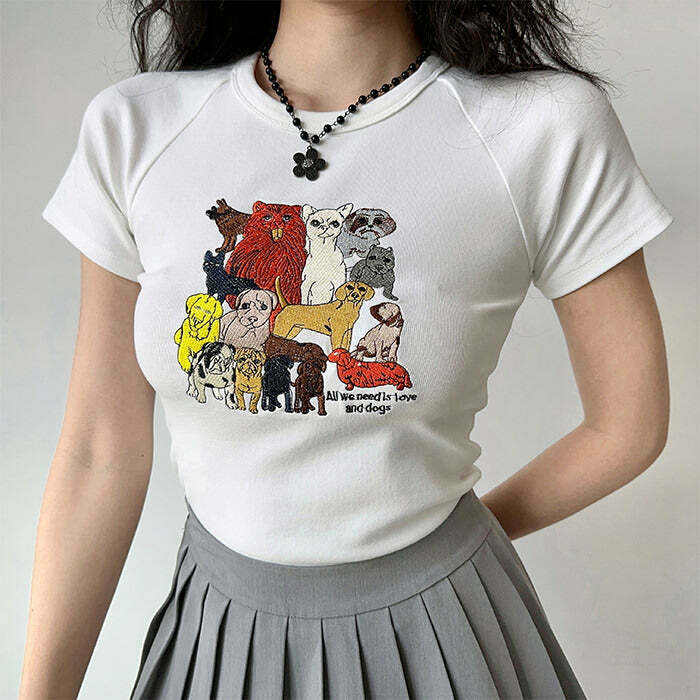 Trendy Y2K Dogs Embroidery Graphic Tee with Bow Design - Stylish and Fun for All!