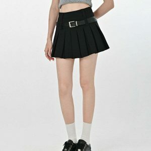 Trendy Y2K Double Belt Pleated Mini Skirt in Grey - Stylish Cargo & Emo Bubble Design