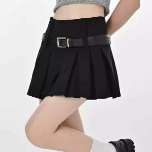 Trendy Y2K Double Belt Pleated Mini Skirt in Grey - Stylish Cargo & Emo Bubble Design