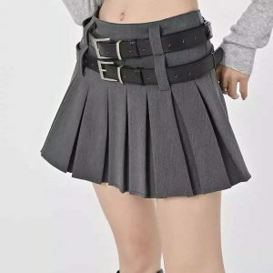 Trendy Y2K Double Belt Pleated Mini Skirt in Grey - Stylish Cargo & Emo Bubble Design