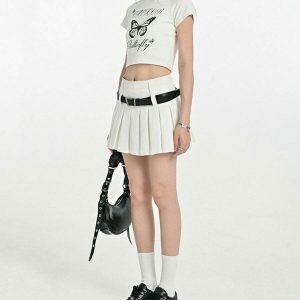 Trendy Y2K Double Belt Pleated Mini Skirt in Grey - Stylish Cargo & Emo Bubble Design