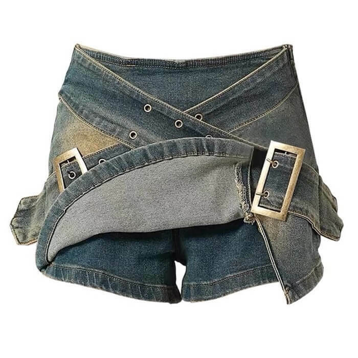 Trendy Y2K Double Buckle Denim Mini Skirt - Stylish Grey Cargo Design for Fashion Lovers