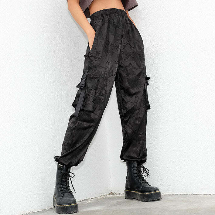 Trendy Y2K Dragon Cargo Pants in Orange with Rivet Details for a Bold Street Style