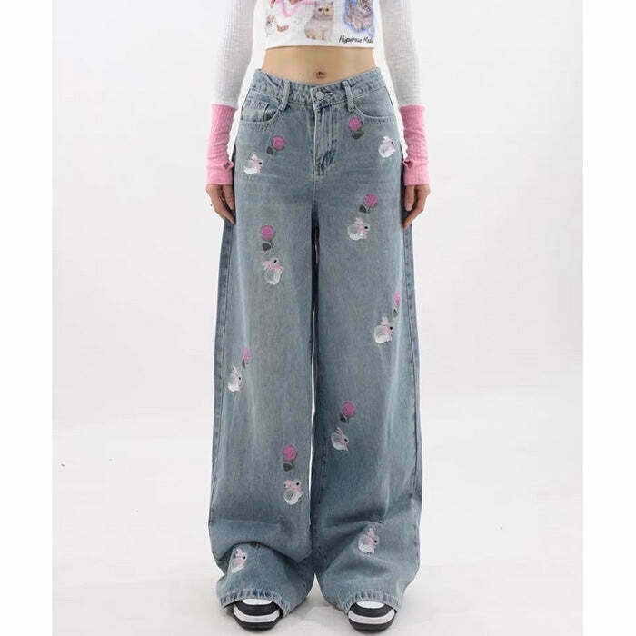 Trendy Y2K Embroidery Jeans with Bunny Design - Stylish Low Rise Baggy Ripped Denim