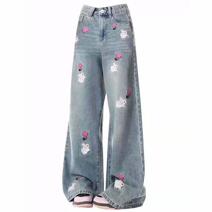 Trendy Y2K Embroidery Jeans with Bunny Design - Stylish Low Rise Baggy Ripped Denim