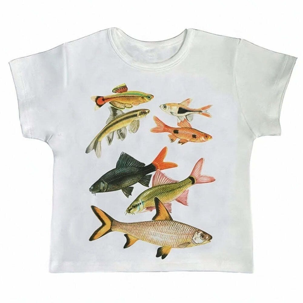 Trendy Y2K Fish Print Aesthetic Baby Tee - Vintage Style for Fashion-Forward Teens