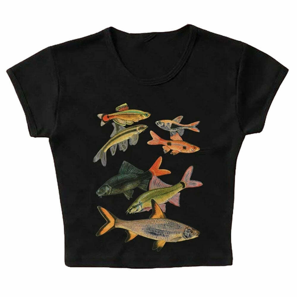 Trendy Y2K Fish Print Aesthetic Baby Tee - Vintage Style for Fashion-Forward Teens