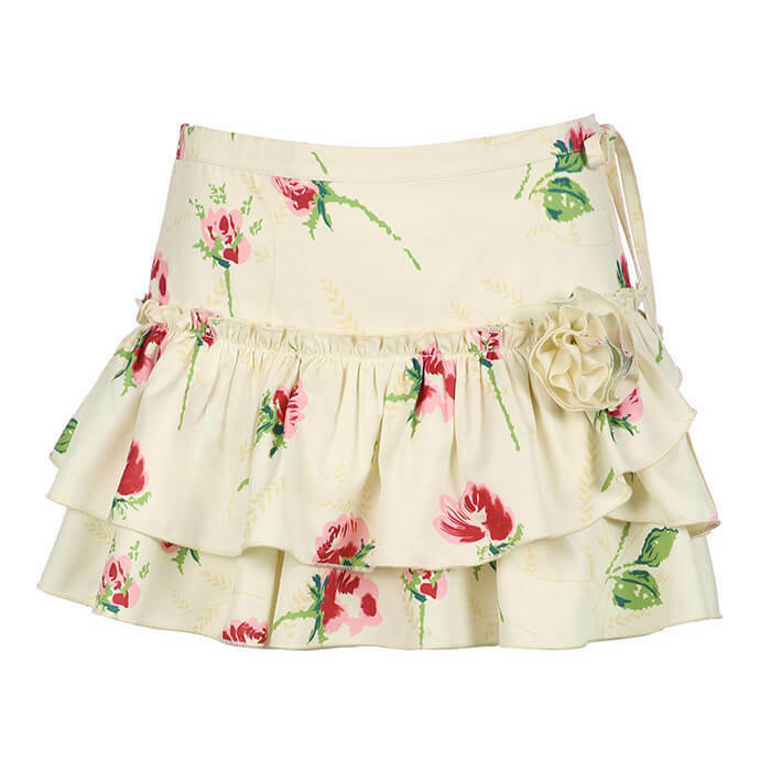 Trendy Y2K Floral Print Ruffle Skirt with Drawstring Detail - Chic Bubble Skirt Style