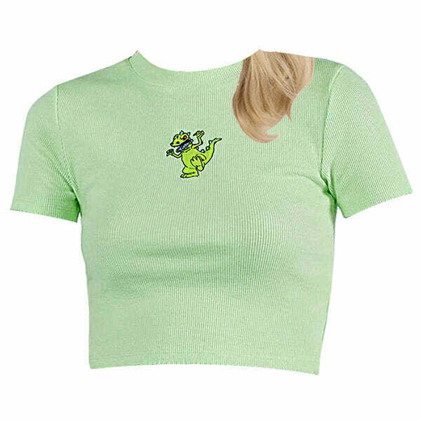 Trendy Y2K Graphic Dino Ribbed Tee with Bow Detail - Stylish Baby Tee for Fashion Lovers