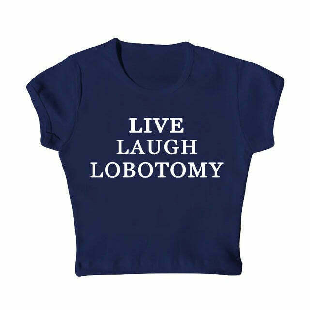 Trendy Y2K Graphic Live Laugh Baby Tee with Bow Detail - Stylish Baby Blue Tee Shirt