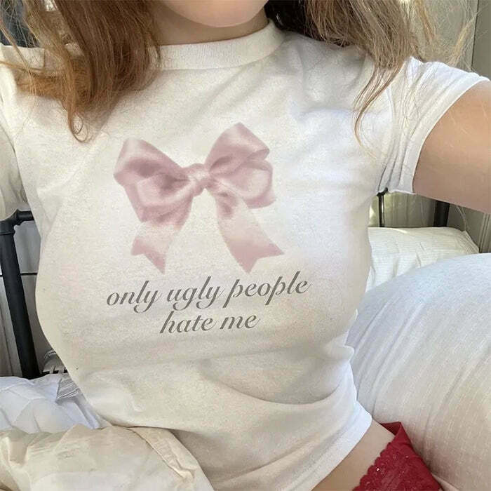 Trendy Y2K Graphic Tee: 'Ugly People Hate Me' Bow Design for Bold Fashion Statements