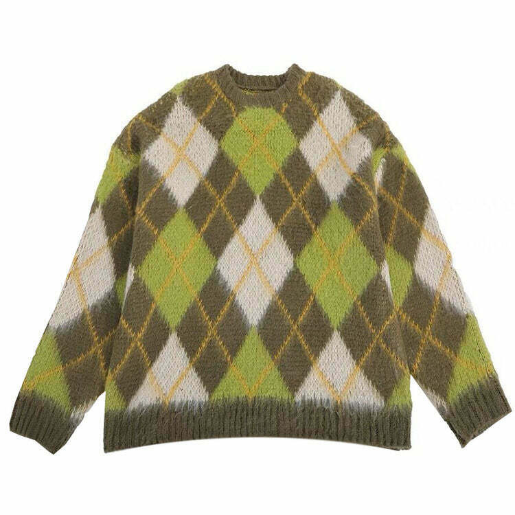 Trendy Y2K Green Argyle Sweater - Cozy Cream Cropped Style with Unique Aesthetic Design